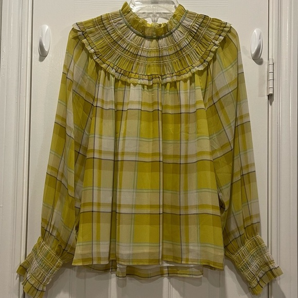 Ann Taylor Women’s Med Blouse Top Smocked Plaid Romance Victorian Academia Sheer - Picture 3 of 14